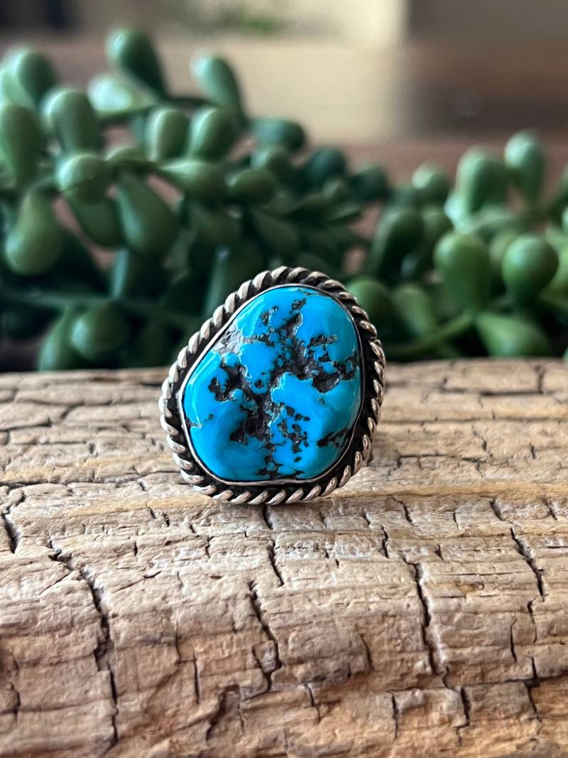 Natürlicher Türkis Ring Sterling Silber Handarbeit Größe 7.5, C127 von TreasureMtnTurquoise