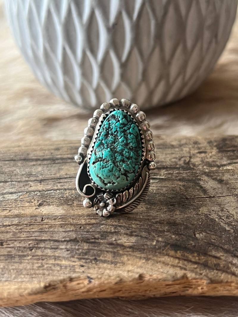 Natürlicher Türkis Ring Sterling Silber Handarbeit Größe 7.5, C61 von TreasureMtnTurquoise