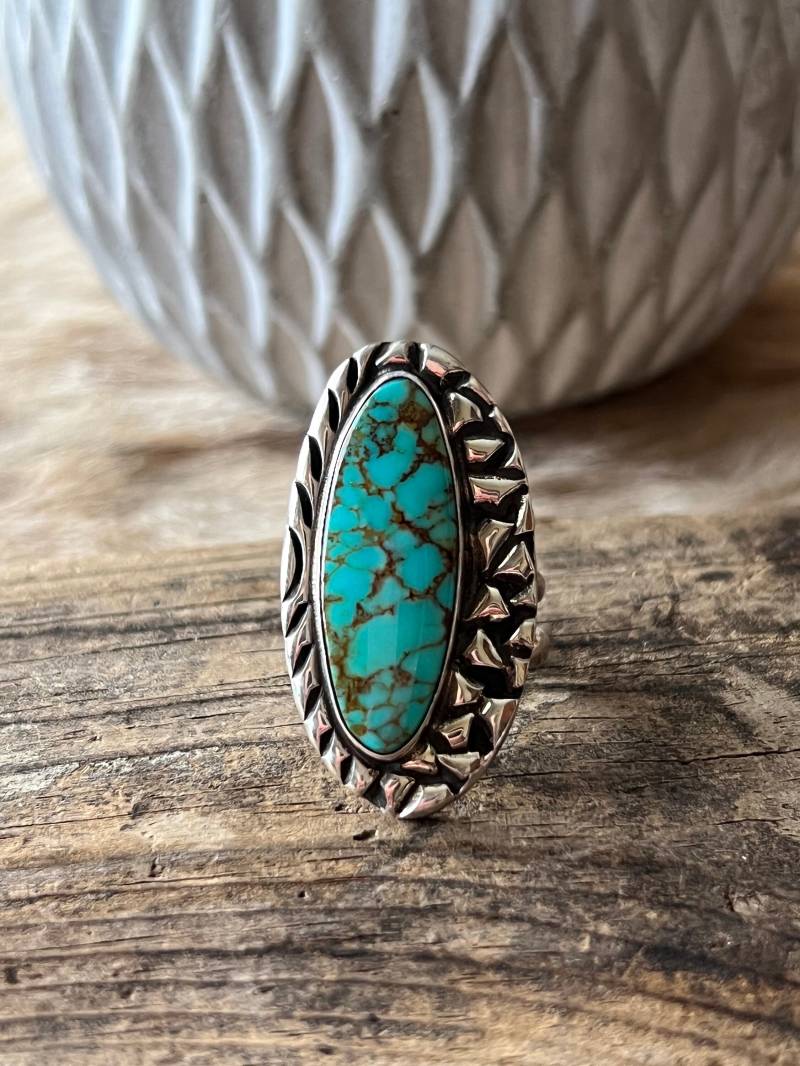 Natürlicher Türkis Ring Sterling Silber Handarbeit Größe 8.0, C45 von TreasureMtnTurquoise