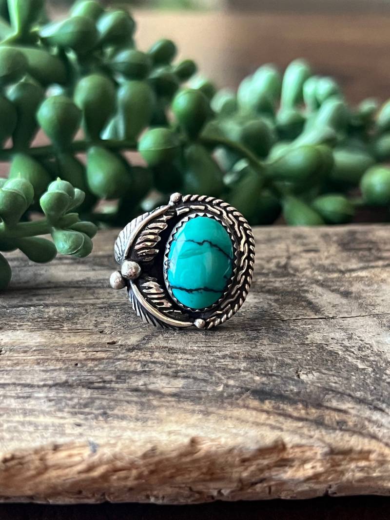Natürlicher Türkis Ring Sterling Silber Handarbeit Größe 8.25, C110 von TreasureMtnTurquoise