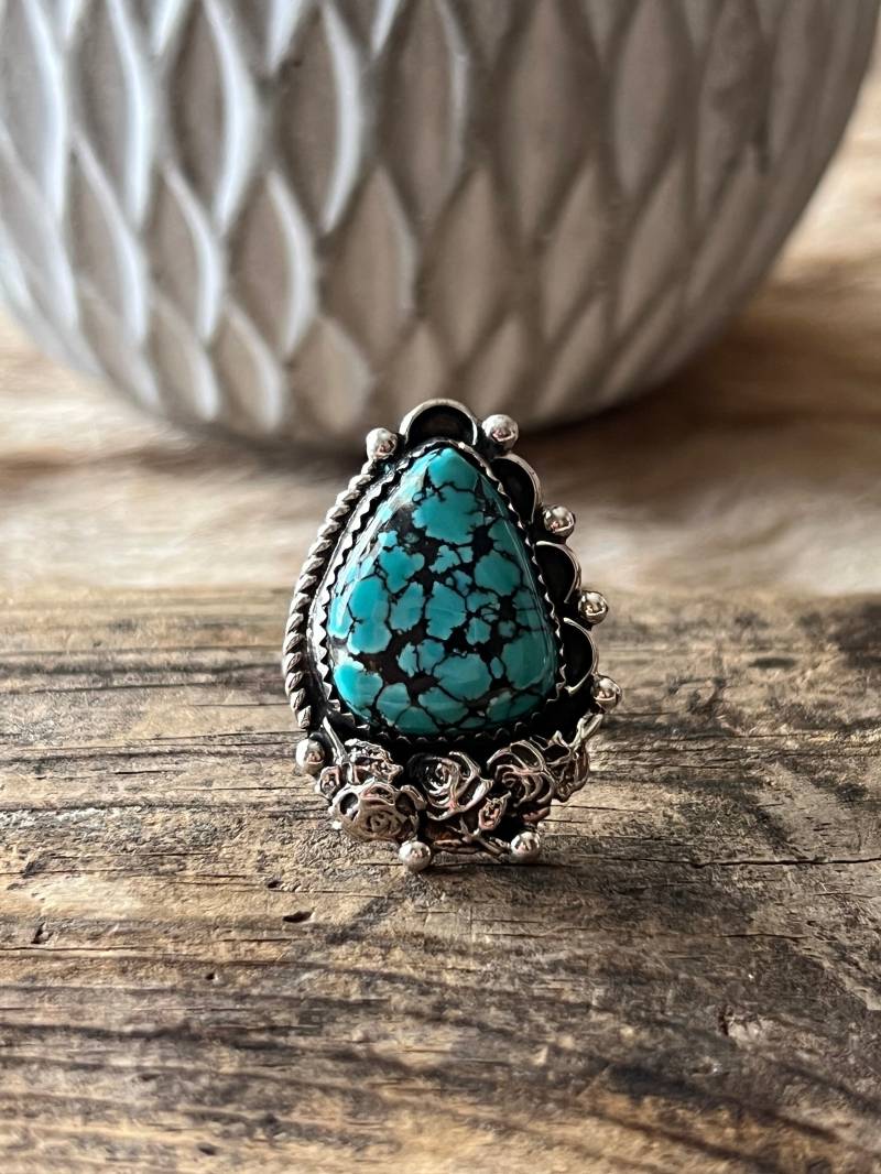 Natürlicher Türkis Ring Sterling Silber Handarbeit Größe 8.5, C47 von TreasureMtnTurquoise