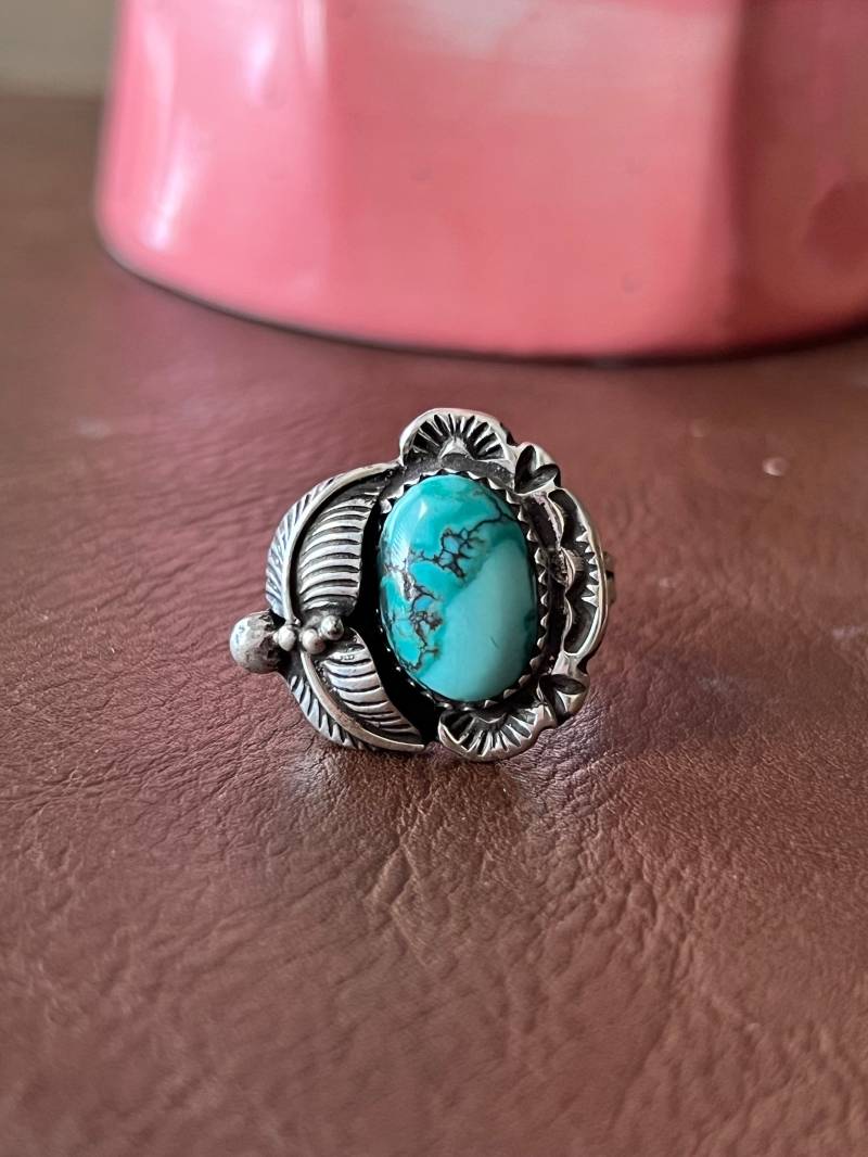 Natürlicher Türkis Ring Sterling Silber Handarbeit Größe 9.25, C92 von TreasureMtnTurquoise