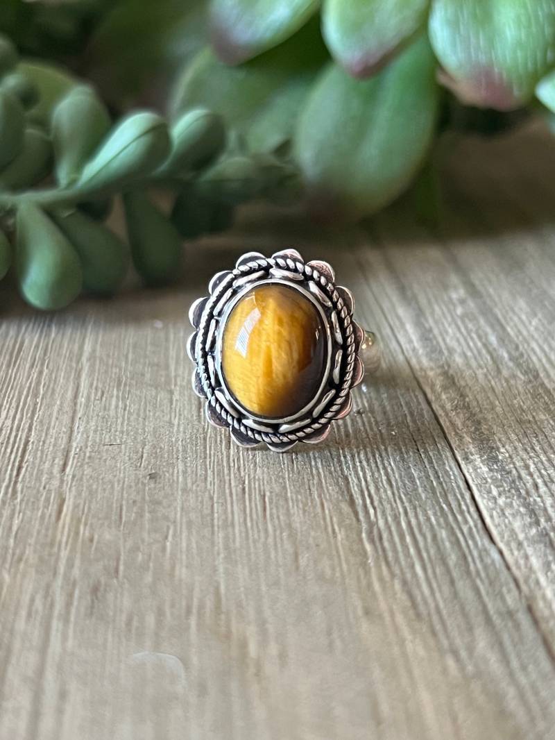 Tigerauge Ring Sterling Silber Handarbeit Größe 7.0, C176 von TreasureMtnTurquoise