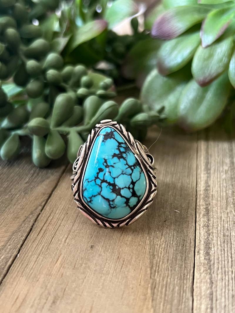 Türkiser Herrenring Sterling Silber Handarbeit Gr. 8.5, C161 von TreasureMtnTurquoise