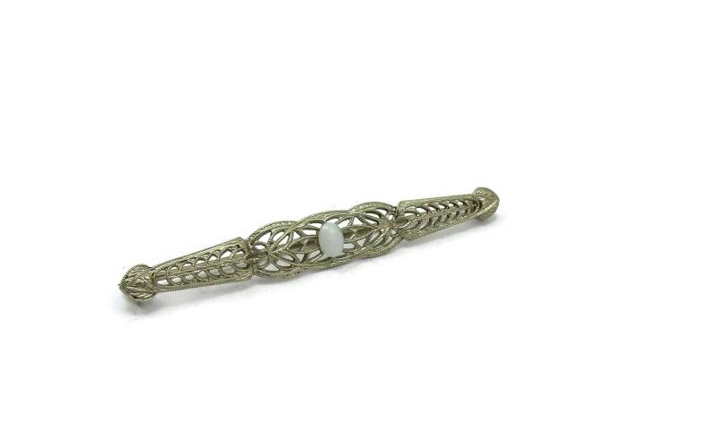 10K 10 K White Gold Bar Pin Opal Edwardian 1960Er Jahre Brosche Retro Mid Century Modernist, Hollywood Regency, Feinen Vintage-Schmuck von TreasureTrovebyTish