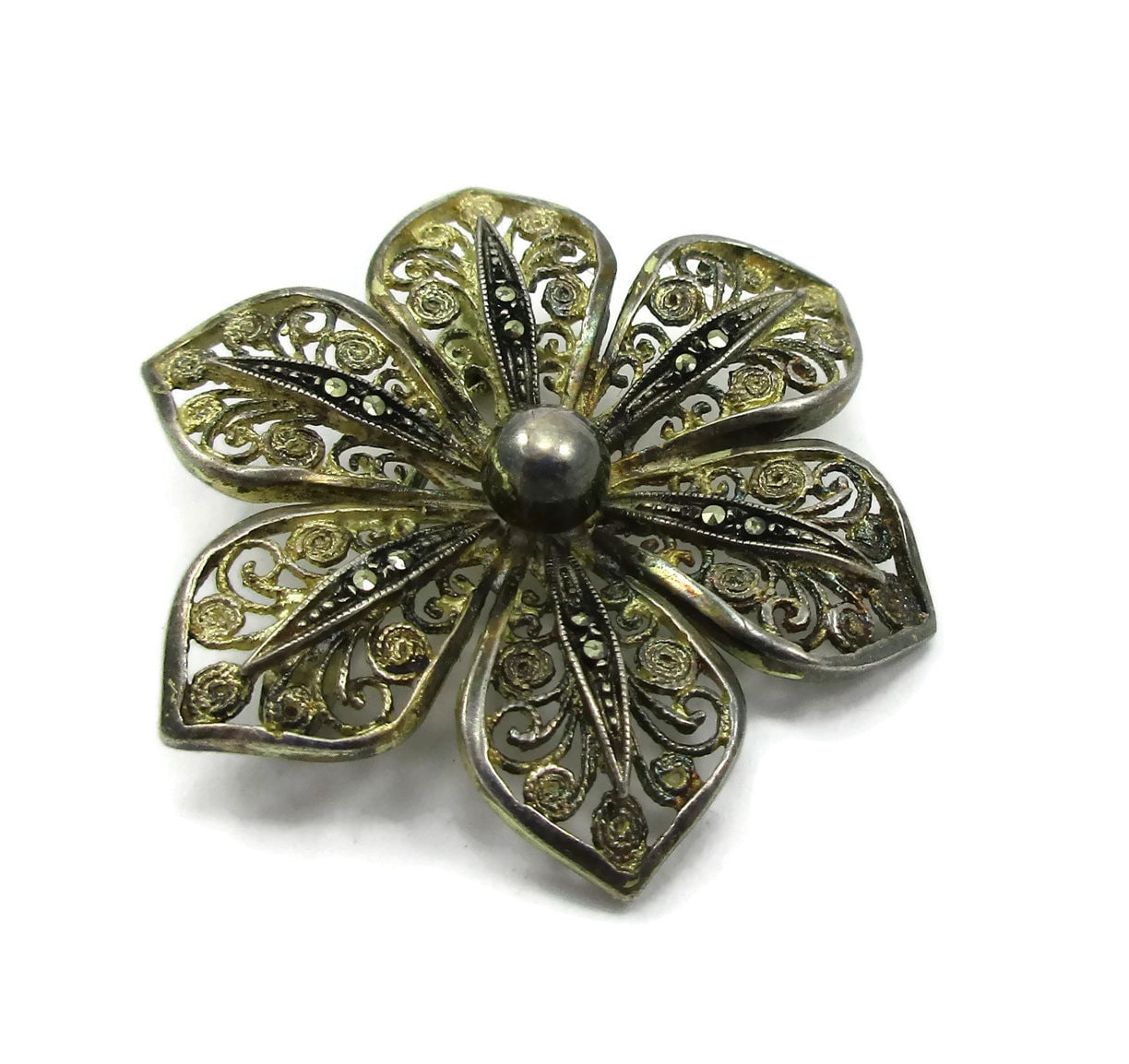 835 Silber Marcaite Blume Scroll Draht Pin Brosche Schal Schmuck Art Deco Designer Vintage Estate Geschenk Ideen von TreasureTrovebyTish