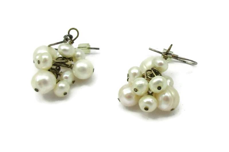925 Kultivierte Perle Cluster Ohrringe Baumeln Tropfen Braut Schmuck Vintage Estate Geschenk Idee Designer Signiert von TreasureTrovebyTish