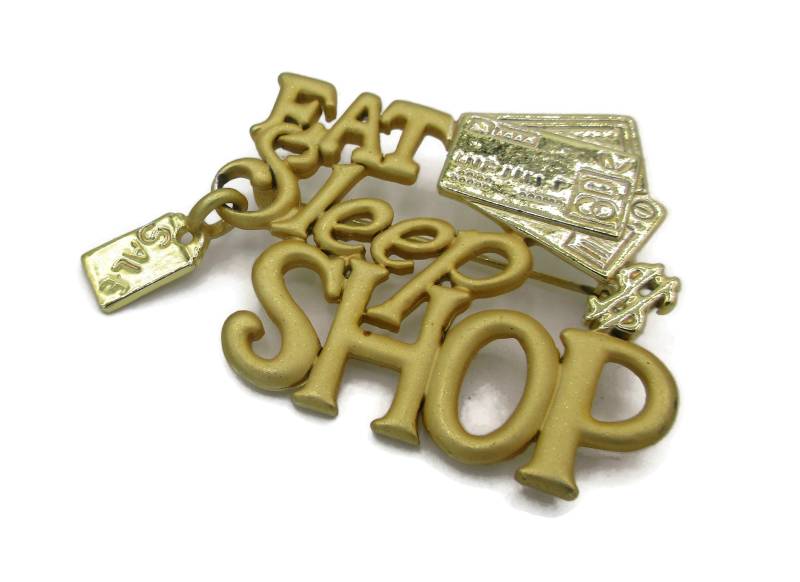 Ajc Eat Sleep Shop Gold Ton Pin Brosche Vintage Nachlass Designer Landebahn Kostüm Schmuck Shopping Pump von TreasureTrovebyTish