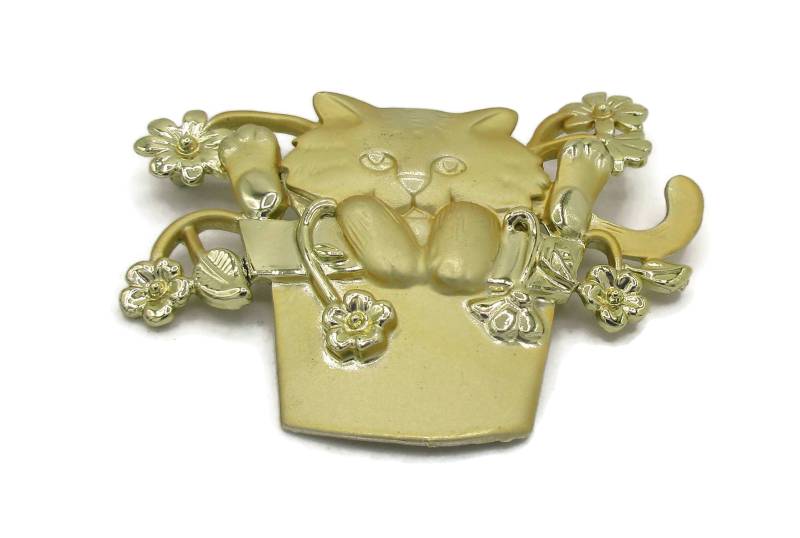 Ajc Katze in Blumentopf Pin Gold Brosche Figural Vintage Kostüm Schmuck Geschenkideen Designer Signiert Schal Clip von TreasureTrovebyTish