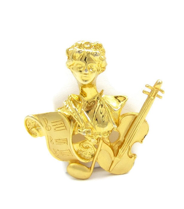 Ajc Musikinstrument Pin Komponist Violine Noten Gold Brosche Vintage Kostüm Schmuck Geschenk Ideen Designer Signiert Schal Clip von TreasureTrovebyTish