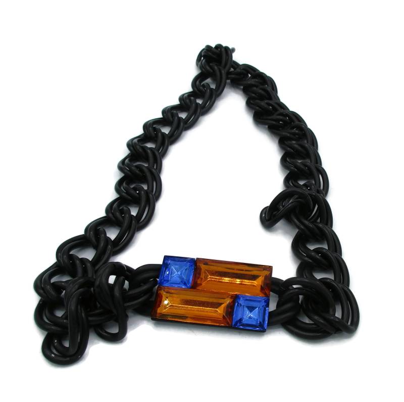 Anne Klein Halskette Schwarz Metall Blau Orange Anhänger Modernist Designer Signiert Ak Vintage Modeschmuck Boho 26" Lang von TreasureTrovebyTish