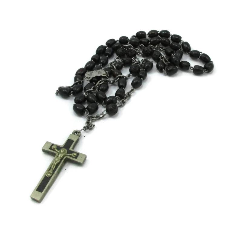 Antike Silber Ton Schwarz Lucite Perlen Rosenkranz Halskette Französisch Gebet Wallfahrt Kirche Kreuz Geschenk Ideen Christian von TreasureTrovebyTish