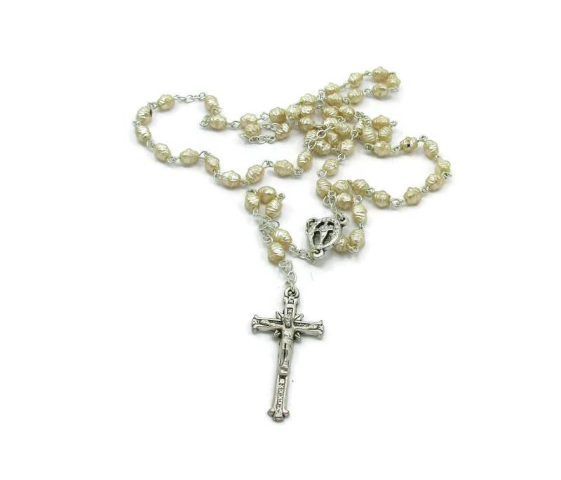 Antike Silber Ton Weiß Mutter Der Perle Glasperlen Rosenkranz Halskette Gebet Perlen Wallfahrt Kirche Kreuz Geschenk Ideen Christian von TreasureTrovebyTish