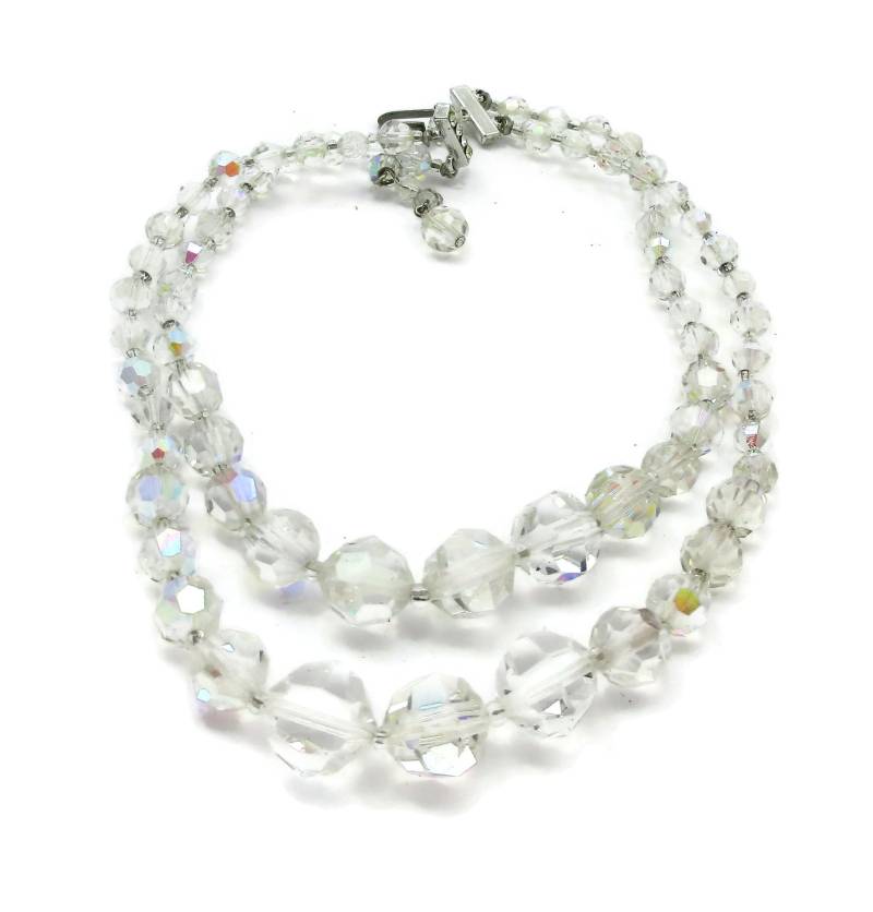 Aurora Borealis Klar Kristall Perlen Halskette Doppelstrang Halsband Vintage Modeschmuck Braut Prom Schmuck von TreasureTrovebyTish