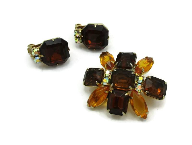 Bernstein Strass Brosche Clip Ohrringe Prong Set Gold Ton Pin Braun Stein Ab Designer Unsigniert Runway Estate Kostüm Vintage Statement von TreasureTrovebyTish