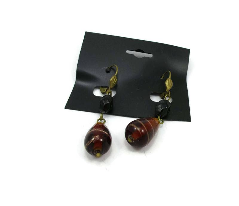 Braunes Harz Goldton Ohrringe Hebel Zurück Baumeln Tropfen Vintage-Schmuck 1950Er Jahre Designer Signiert Modeschmuck von TreasureTrovebyTish