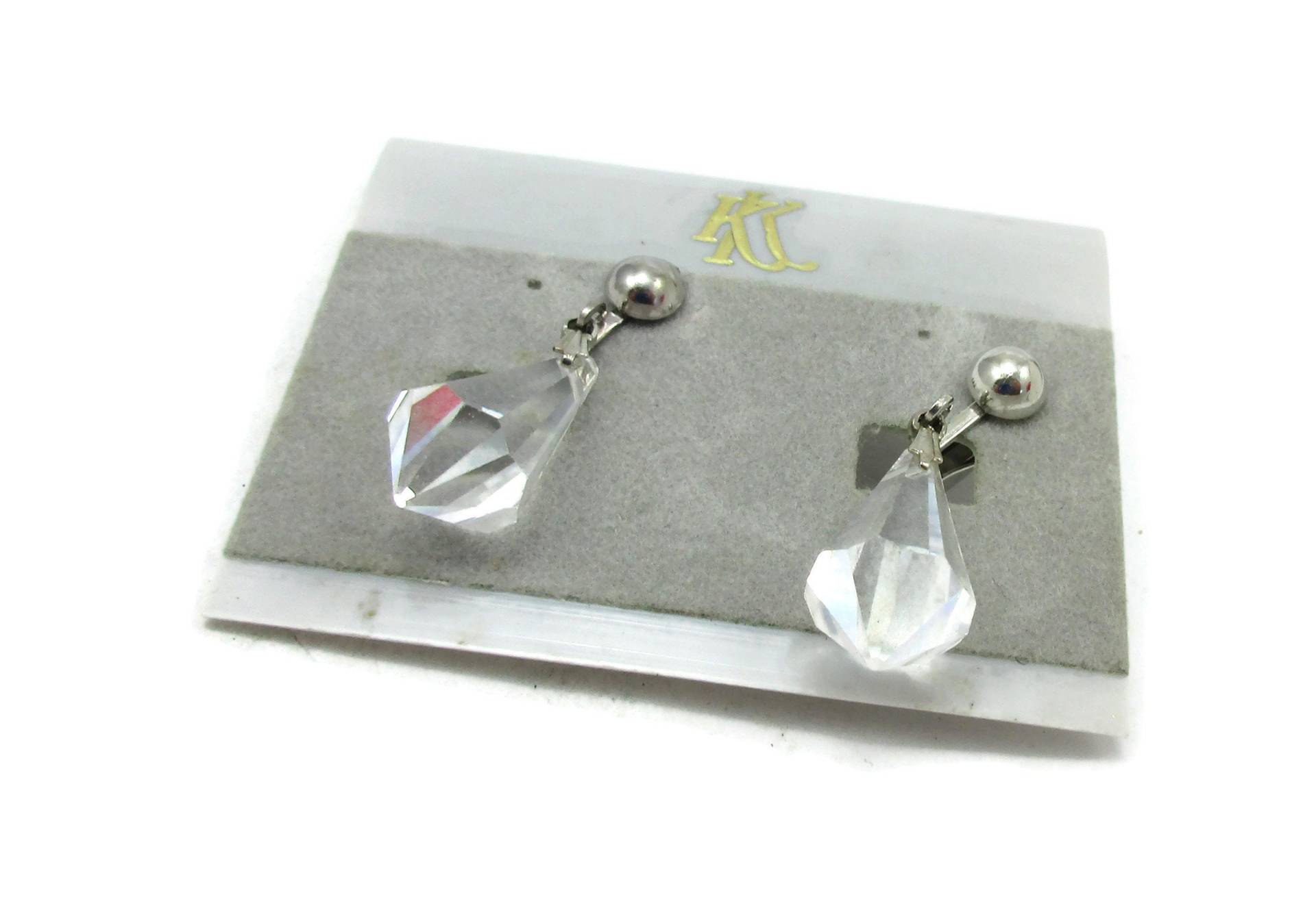 Clearbead Kristall Clip Ohrringe Silber Ton Tropfen Baumeln Braut Schmuck Der 1960Er Jahre Designer Kostüm von TreasureTrovebyTish