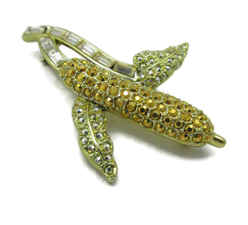 Danecraft Gold Ton Mais Auf Cob Brosche Strass Markisit Steine Pin Figural Vintage Schmuck Designer Signiert Nachlass Kostüm Fundstücke von TreasureTrovebyTish