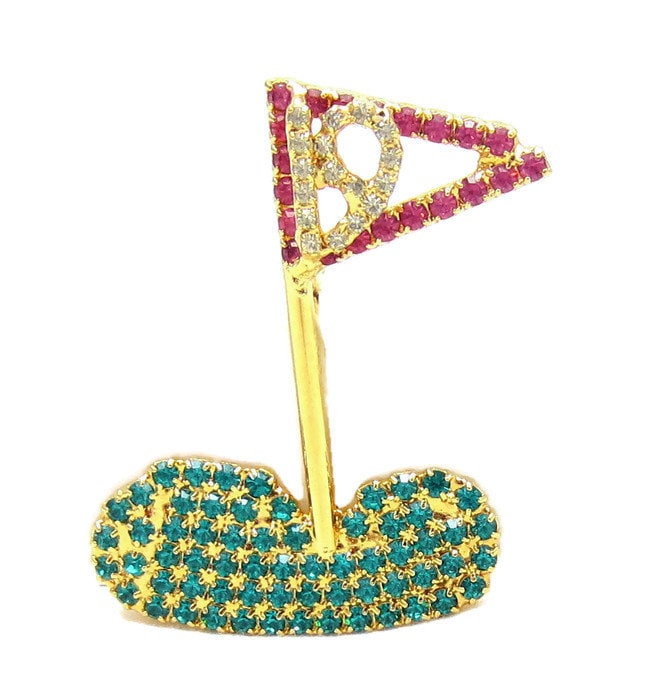 Dorothy Bauer Gold Ton Strass Pin Golf Grün 19. Loch Brosche Schmuck High End Designer Estate Vintage Schal 1980 von TreasureTrovebyTish