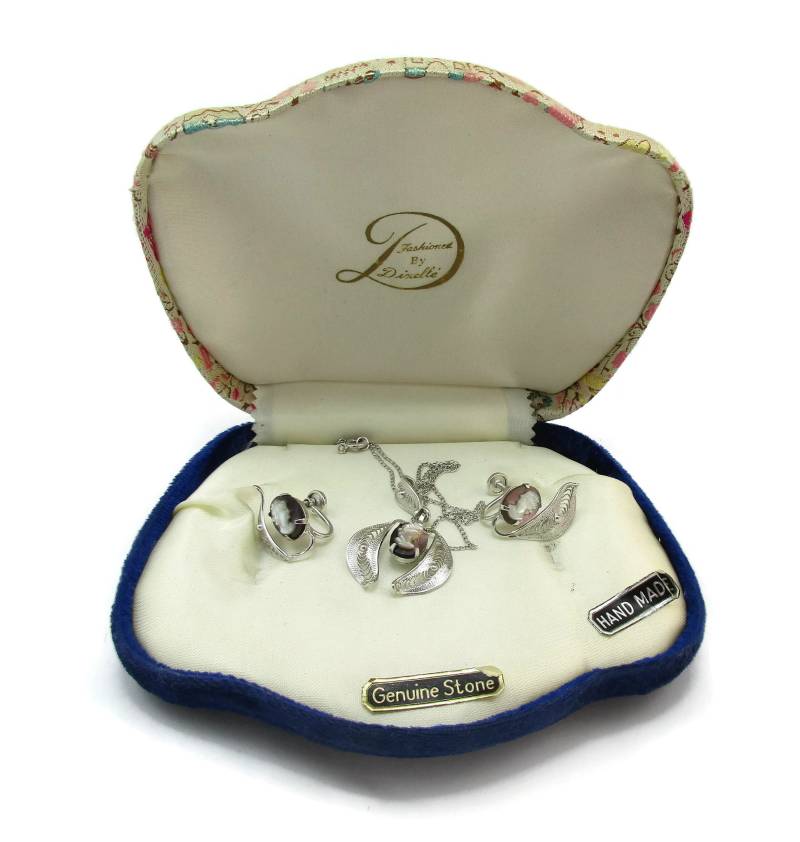 Drixelle 925 Sterling Silber Stein Kamee Halskette Ohrring Schraube Zurück Modernist Vintage Kostüm Schmuck-Geschenk-Ideen-Demi-Parure-Paula von TreasureTrovebyTish