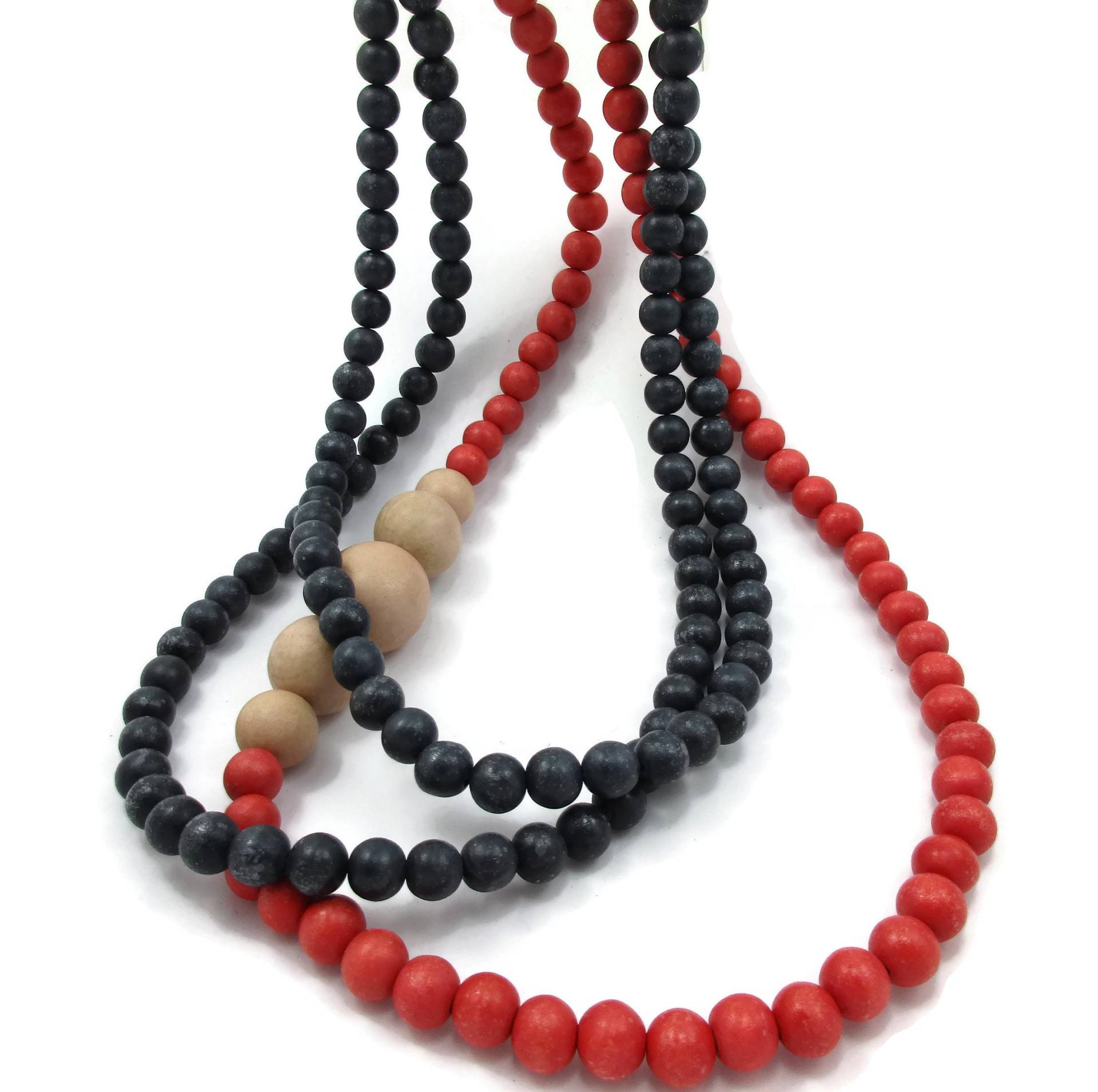 Dunkel Blau Orange Rot Dreifach Strang Holz Perle Halskette 34 Zoll Multi Strand Lariat Vintage Kostüm Estate Schmuck Designer Frühling Farbe Dunkel Blau Orange Rot Dreifach Strang Holz Perle Halskette 34 Zoll Multi Strand Lariat Vintage Kostüm Estate Schmuck Designer Frühling Farbe von TreasureTrovebyTish