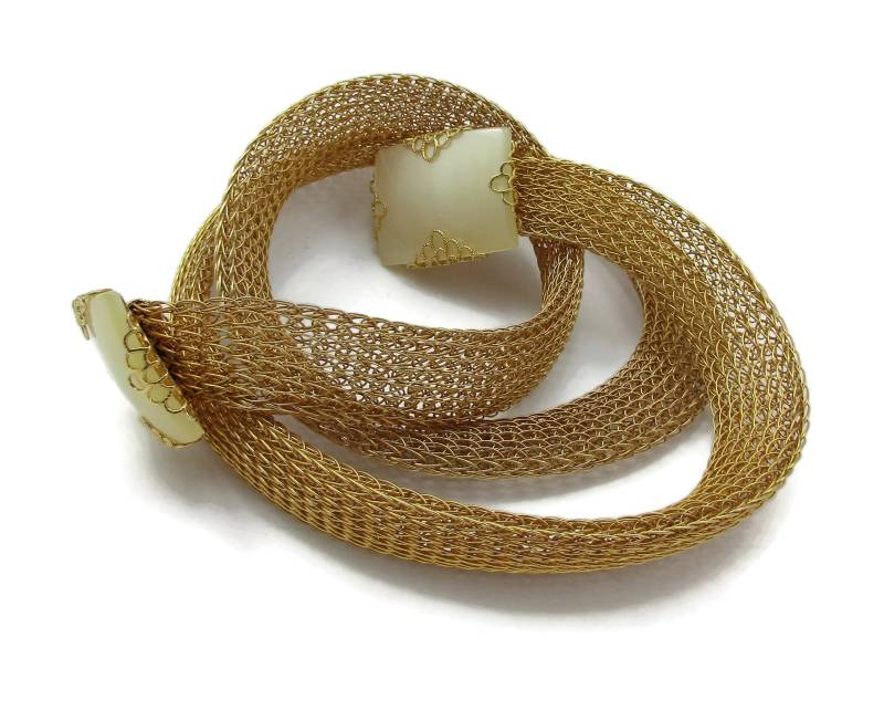 Emmons Gold Gürtel Mesh Mutter Der Perle Schnalle Funky Mod Modernist Vintage Mode Zubehör Designer Signiert Damen 1980Er Jahre Paula von TreasureTrovebyTish