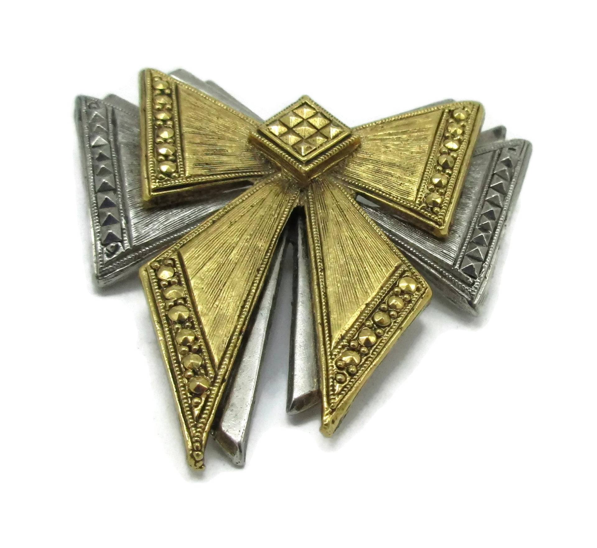 Faux Markasit Zwei Ton Gold Silber Pin Entwerfer Schleife Bowtie Modernist Vintage Modeschmuck Schmuck Estate Geschenkideen von TreasureTrovebyTish