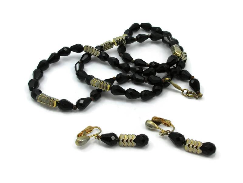 Freirich Schwarz Kristall Perle Halskette Einzelne Strang Passende Clip Ohrringe Demi Parure 1950Er Jahre Vintage Estate Kostüm Schmuck Flapper Paula von TreasureTrovebyTish