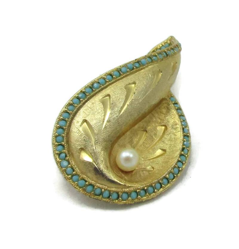 Gebürstet Gold Ton Pin Perle Winzige Türkis Strass Brosche Unsigniert Carnegie Stil Designer Runway Estate Kostüm Vintage Signiert von TreasureTrovebyTish