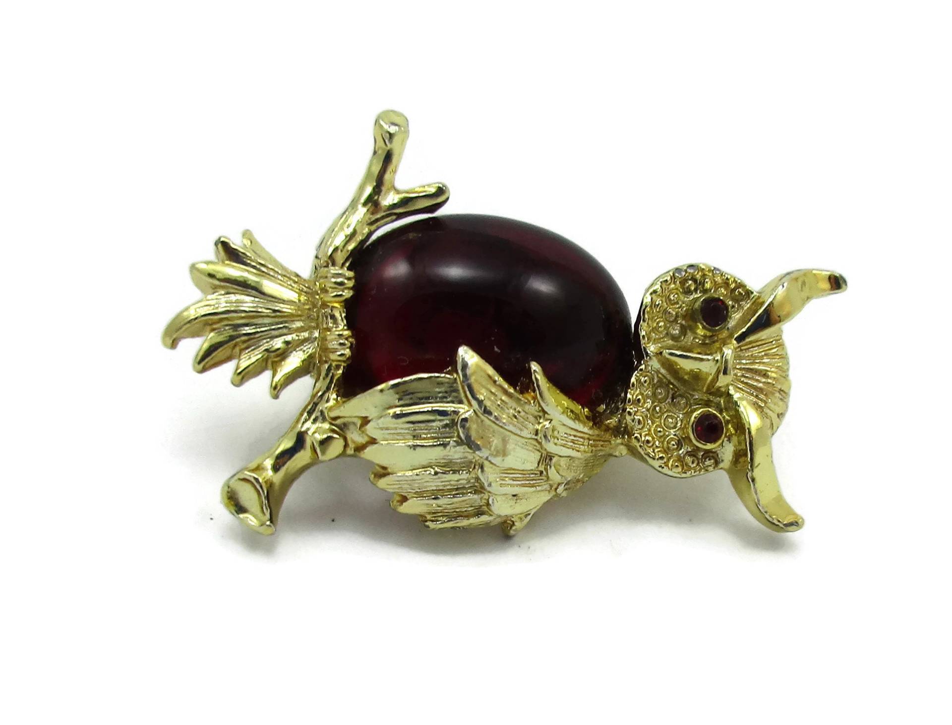 Gerry Goldene Eule Pin Brosche Rote Jelly Belly Strassaugen Design Vintage Modeschmuck Mode Schmuck Designer Schal Geschenk Idee Tier von TreasureTrovebyTish