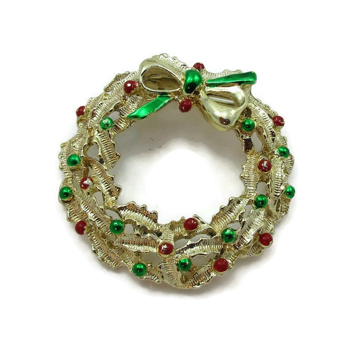 Gerrys Gold Ton Weihnachten Kranz Pin Ornamente Brosche Vintage Kostüm Schmuck Urlaub Geschenk Ideen Designer Signiert Schal Clip von TreasureTrovebyTish