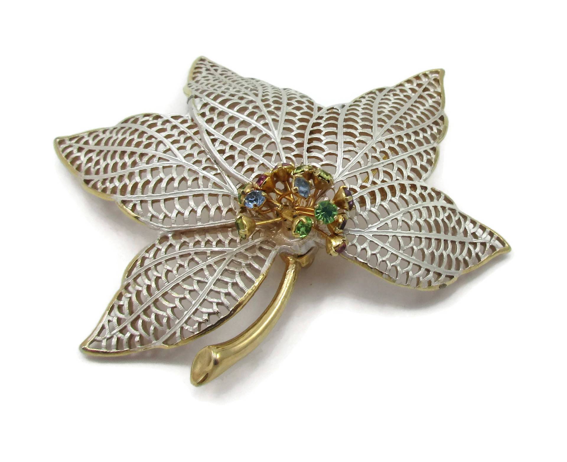 Gold Blume Pin Brosche Pastell Farbe Strass Open Arbeit Designer Schal Vintage Kostüm Schmuck Geschenkideen Weihnachtsschmuck von TreasureTrovebyTish