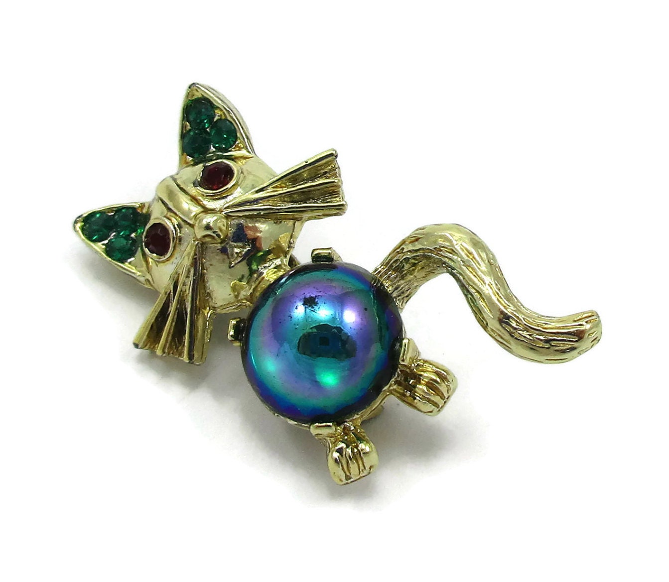 Gold Katze Brosche Pin Glas Perle Bauch Strass Augen Vintage Signiert Finish Geschenk Ideen Schal Scheine Schmuck Siam von TreasureTrovebyTish