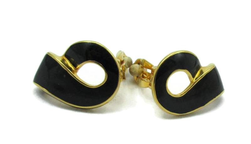 Gold Ohrringe-Clip Auf Ohrringe Schwarzer Emaille Mod Mcm 1980Er Jahre Entwerfer Vintage Immobilienverkauf Kostüm Schmuck Geschenk Ideen Modernist von TreasureTrovebyTish