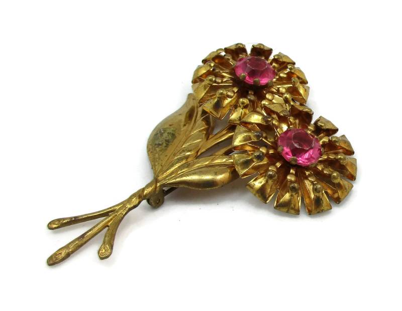 Gold Rosa Strass Pin Große Brosche Blumen Design Waschen Vintage Kostüm Schmuck Designer Schal Retro Mcm von TreasureTrovebyTish