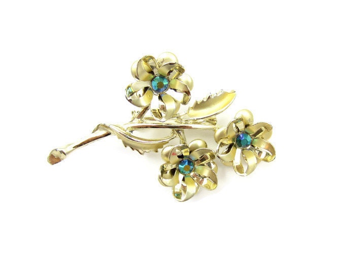 Gold Ton Aurora Borealis Petrol Blau Strass Brosche Braut Bouquet Pin Blume Designer Vintage Schmuck Kostüm Schal Geschenkidee von TreasureTrovebyTish