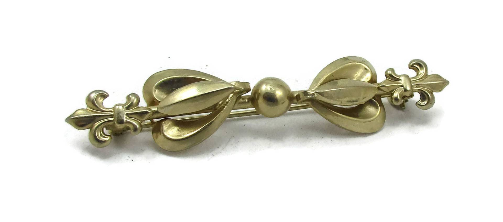 Gold Ton Bar Brosche Pin Fleur De Lis Designer Runway Estate Kostüm Vintage Modernist 1980Er Jahre Schal von TreasureTrovebyTish