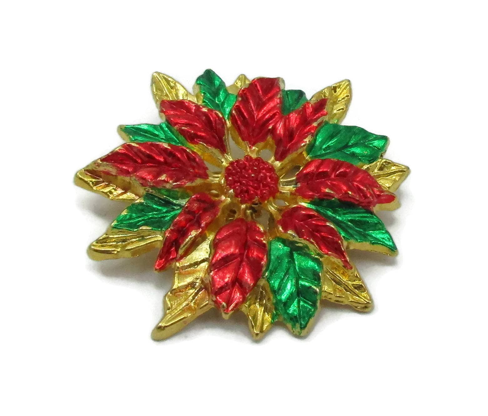Gold Ton Grün Rot Poinsettias Blume Pin Emaille Brosche Vintage Kostüm Schmuck Urlaub Geschenk Ideen Designer Schal Clip von TreasureTrovebyTish