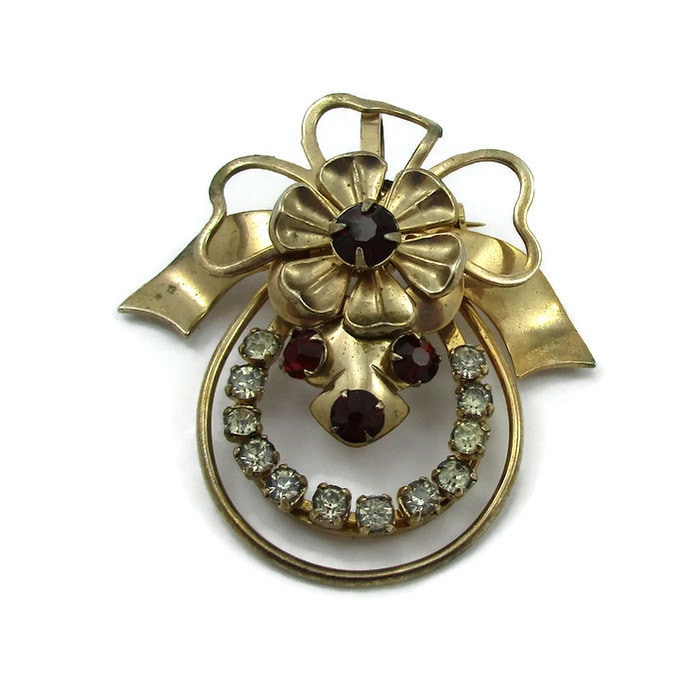 Gold Ton Rot Strass Pin Brosche Blume Band Strukturierte Designer Runway Estate Kostüm Vintage Schal von TreasureTrovebyTish