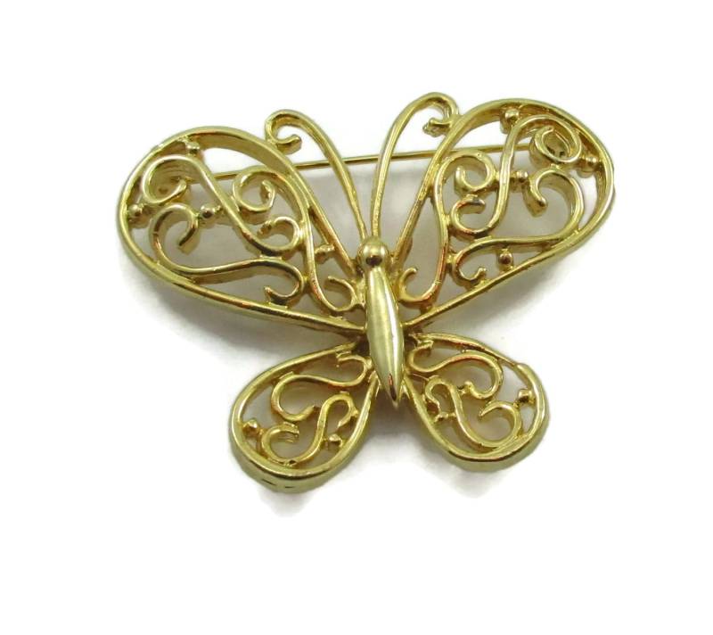 Gold Ton Schmetterling Pin Offene Arbeit Brosche Filigrane Insekt Schal Ideen Vintage Estate Wings Bugs Kostüm Schmuck von TreasureTrovebyTish