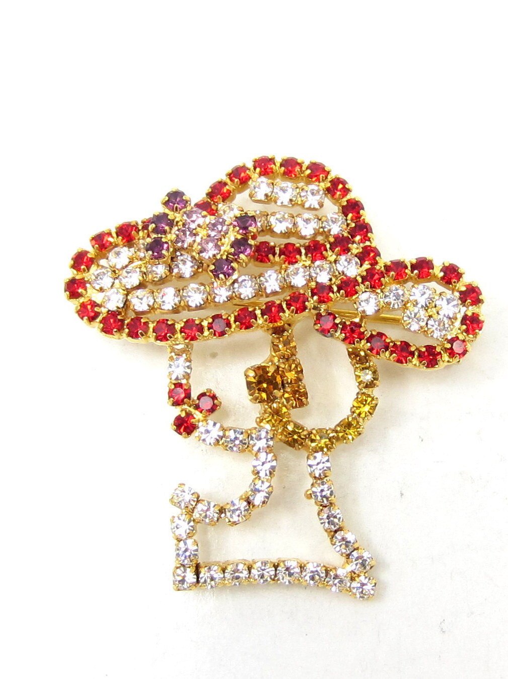 Gold Ton Strass Pin Brosche Rot Hut Lila Schleife Lady Silhouette Schmuck High End Designer Estate Vintage Schal von TreasureTrovebyTish