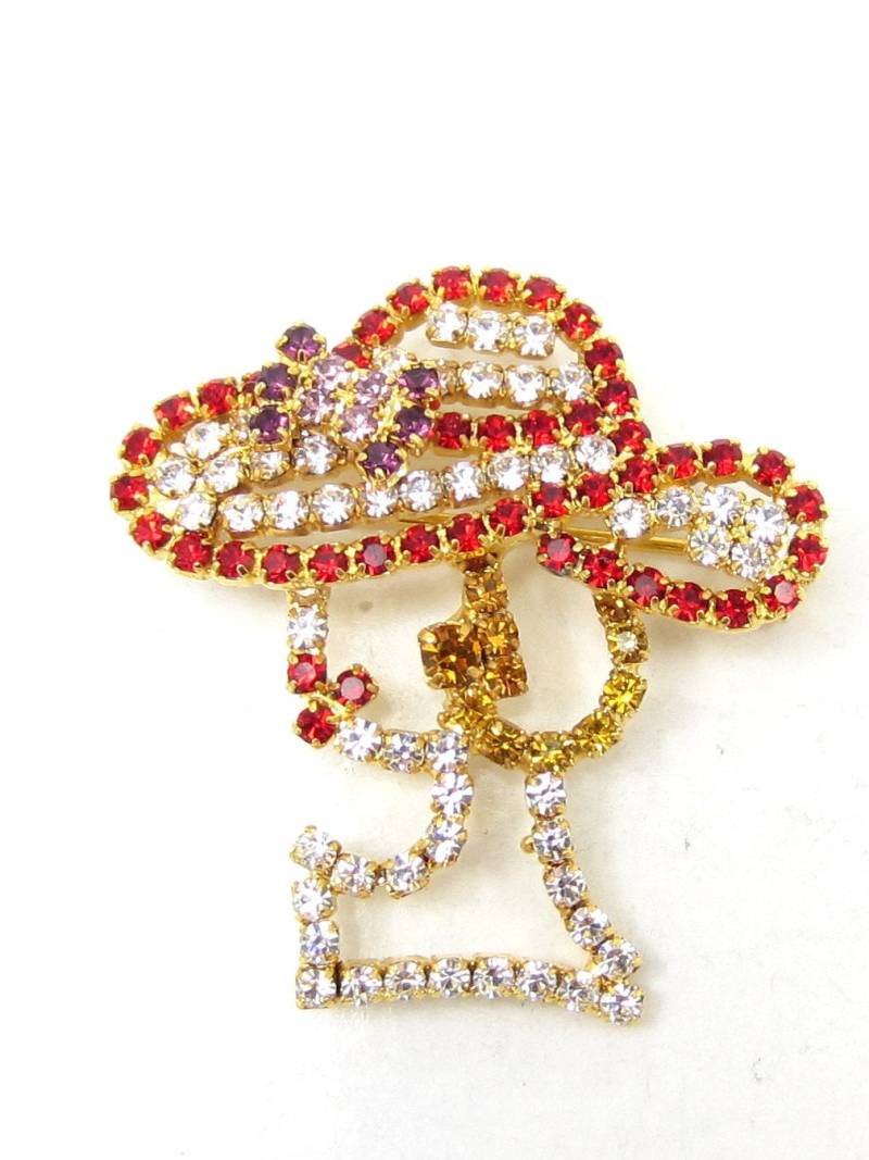 Gold Ton Strass Pin Brosche Rot Hut Lila Schleife Lady Silhouette Schmuck High End Designer Estate Vintage Schal von TreasureTrovebyTish