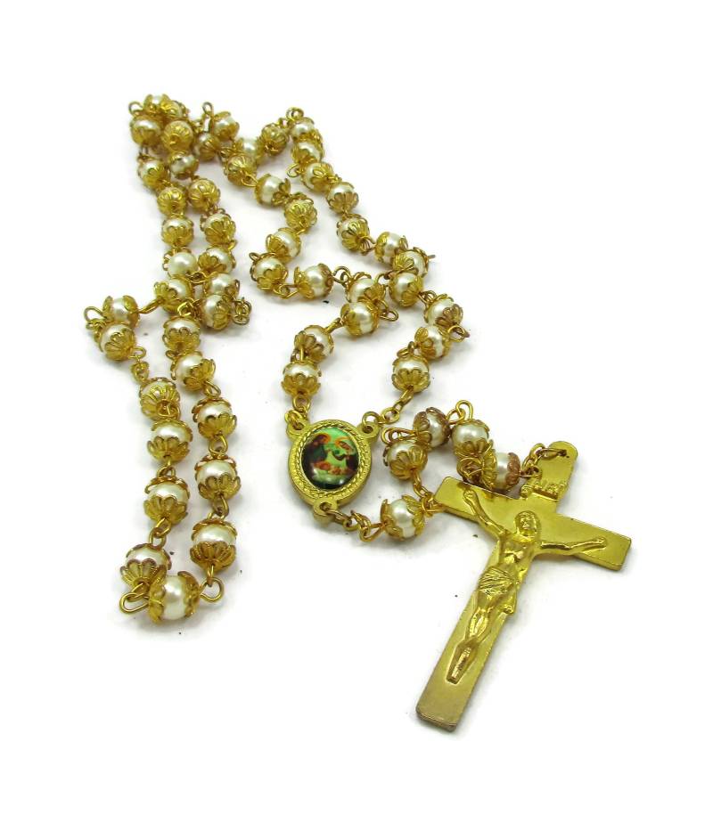 Gold Ton Weiß Perlen Rosenkranz Halskette Filigrandraht Gewickelt Gebet Wallfahrt Kirche Kreuz Geschenk Ideen Christian von TreasureTrovebyTish