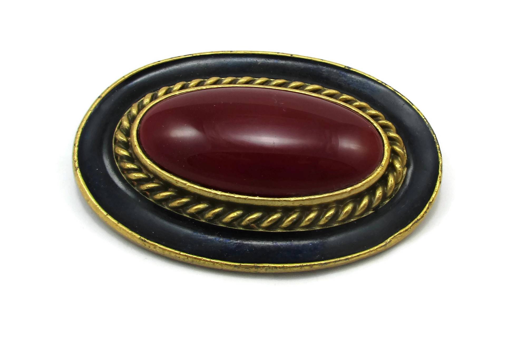 Große Ysl Yves Saint Laurent Schwarzer Emaille Rot Brosche Pin Goldton Designer Signiert Haute Couture Runway Estate Kostüm Vintage von TreasureTrovebyTish