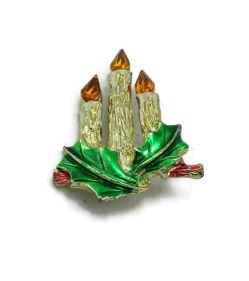 Grün Rot Emaille Kerzenhalter Gold Ton Pin Weihnachten Brosche Vintage Kostüm Schmuck Schal Pullover von TreasureTrovebyTish