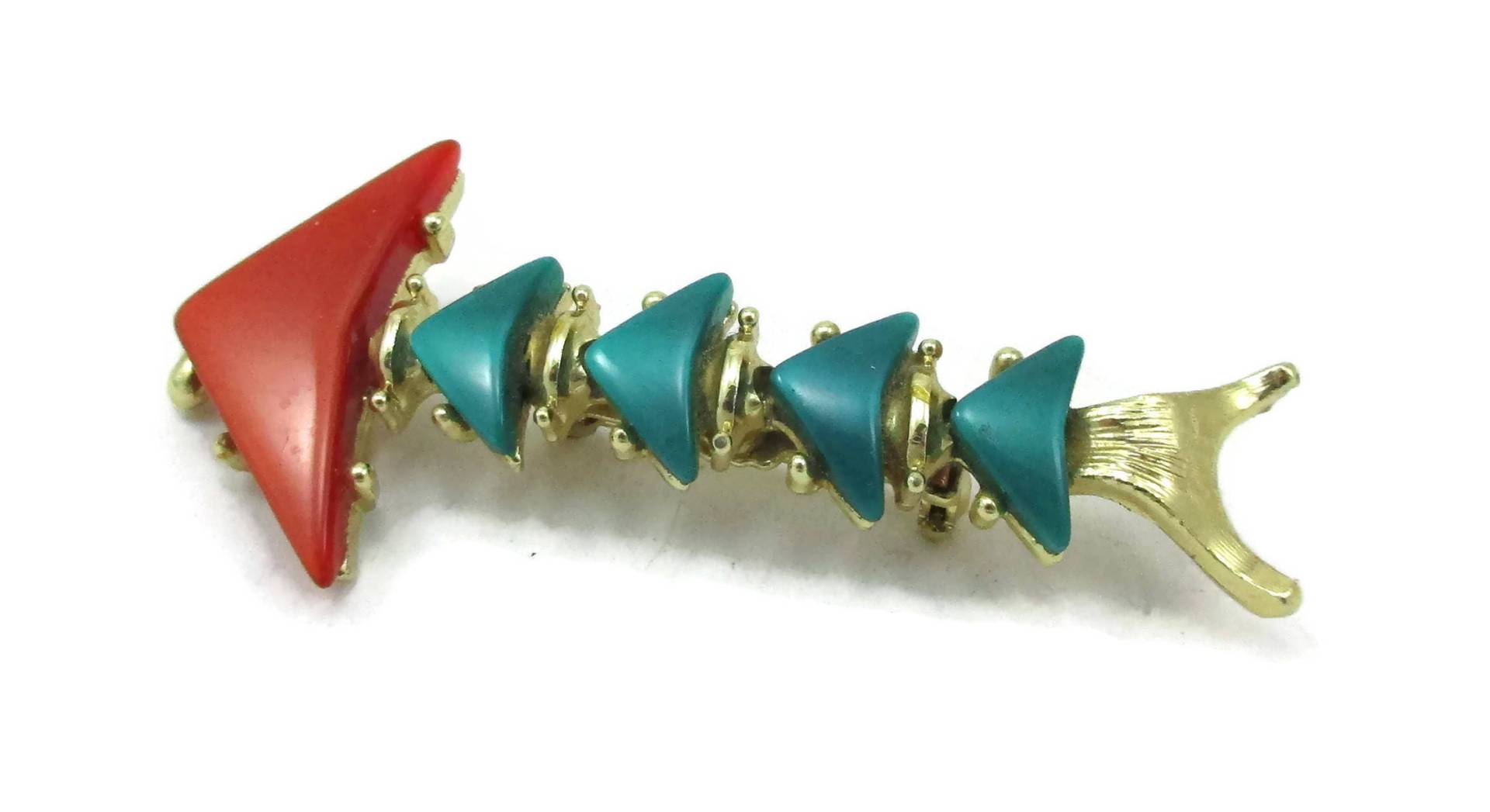 Grüner Rost Orange Thermoset Lucite Gold Ton Brosche Fisch Skelett Designer Vintage Kostüm Schmuck Schal Blumenkranz Geschenk Ideen Teardrop von TreasureTrovebyTish