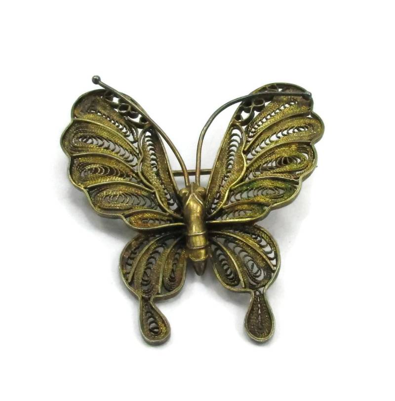Jahrgang S925 Gold Waschen Scroll Filigran Design Schmetterling Pin Vermeil Komplizierte Arbeit Vintage Schmuck Brosche Silber Draht von TreasureTrovebyTish