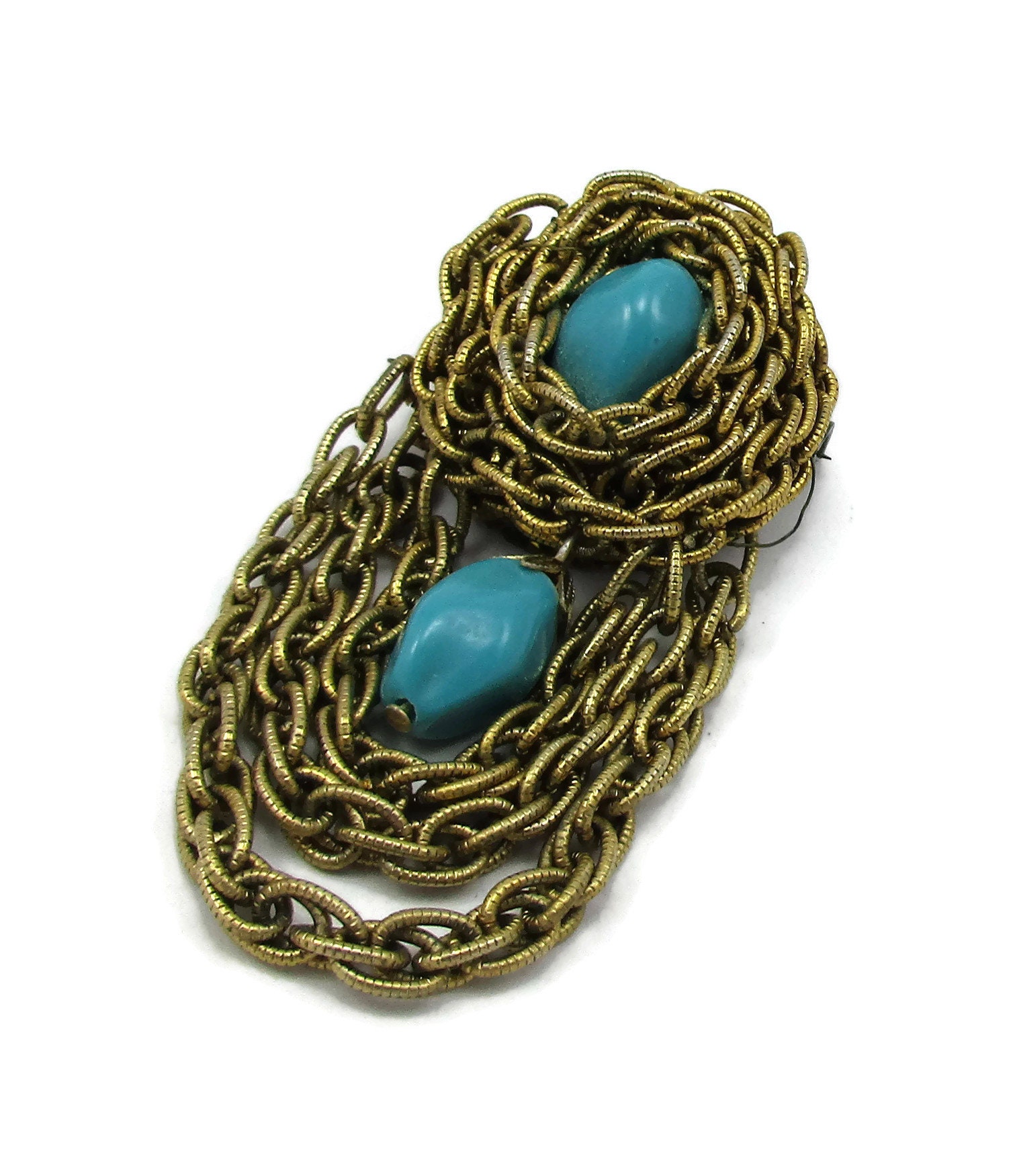 Japan Gold Ton Chatelaine Pin Baumeln Kette Brosche Türkis Cab Hollywood Regency Vintage Kostüm Mode Schmuck Designer Schal von TreasureTrovebyTish