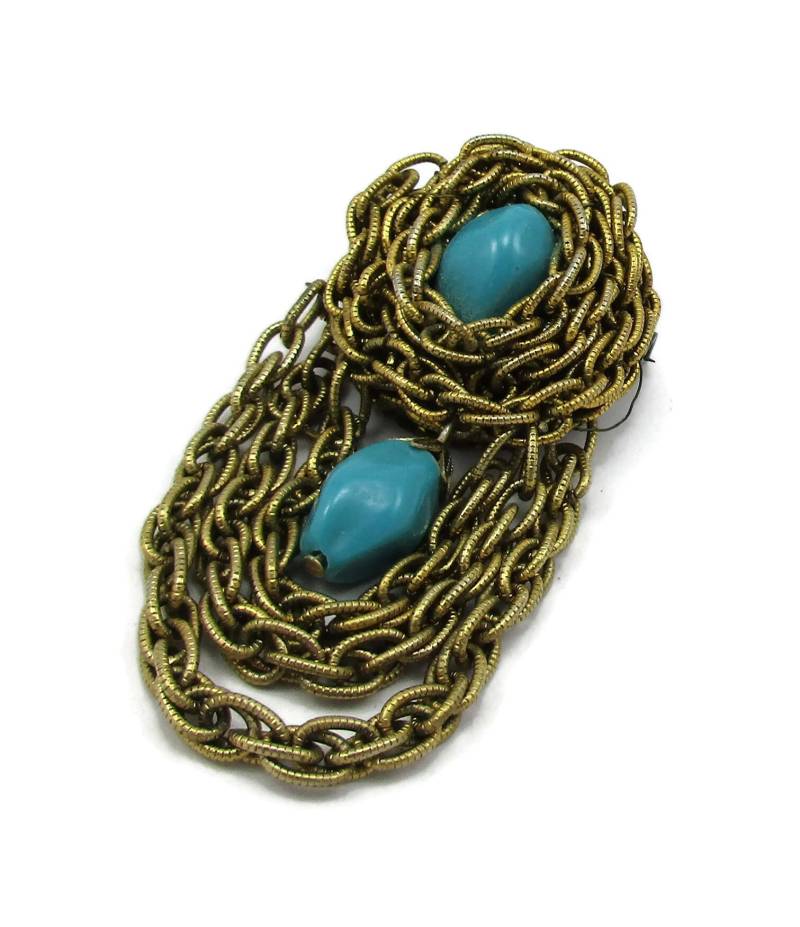 Japan Gold Ton Chatelaine Pin Baumeln Kette Brosche Türkis Cab Hollywood Regency Vintage Kostüm Mode Schmuck Designer Schal von TreasureTrovebyTish