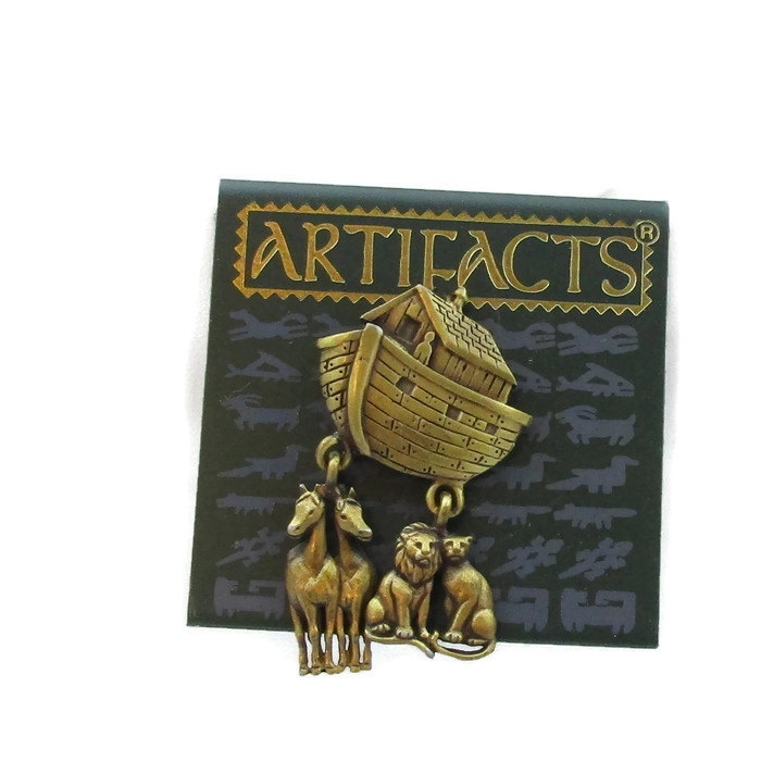 Jj Bronze Noahs Arche Bogen Metall Brosche Pin Anstecknadel Baumeln Charme Jonette Tier Schmuck Designer Signiert Vintage Kostüm Schal von TreasureTrovebyTish